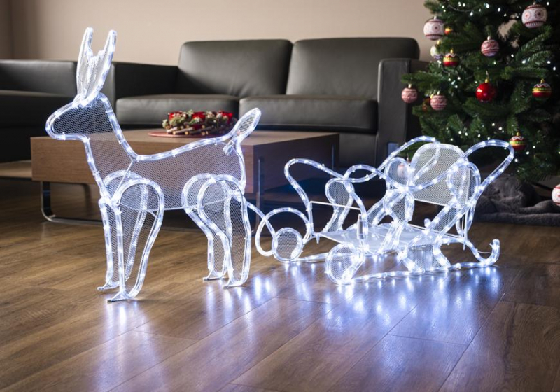 Vianočný sob so saňami MagicHome, 312 LED, studená biela, 230 V, 59x132x30 cm