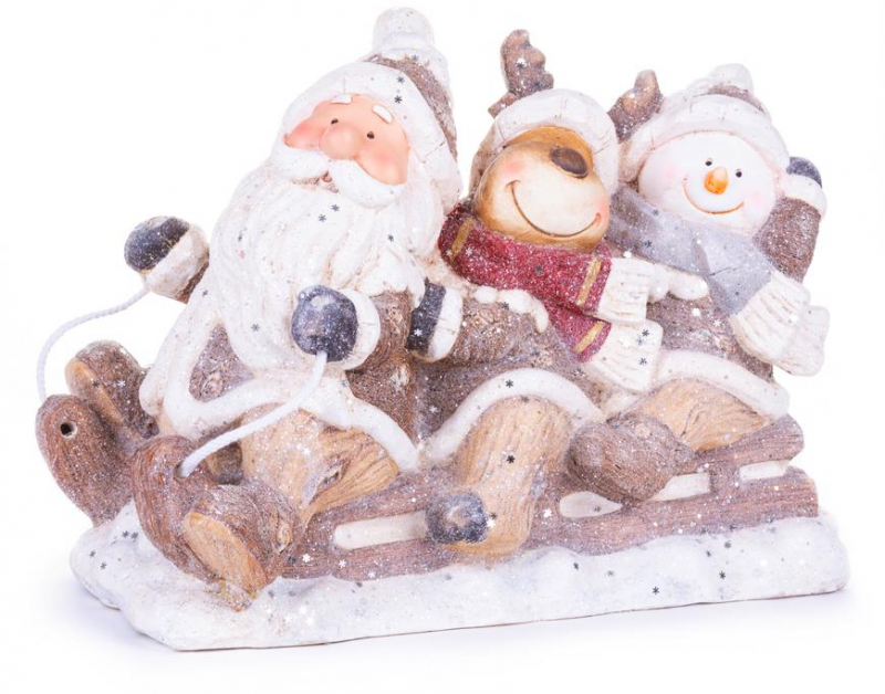MagicHome Dekorácia Vianočný Santa, sob a snehuliak na saniach, 45x23x34,50 cm