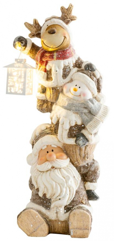 MagicHome Dekorácia Vianočný Santa, sob a snehuliak s lampášikom, 29x24x66 cm