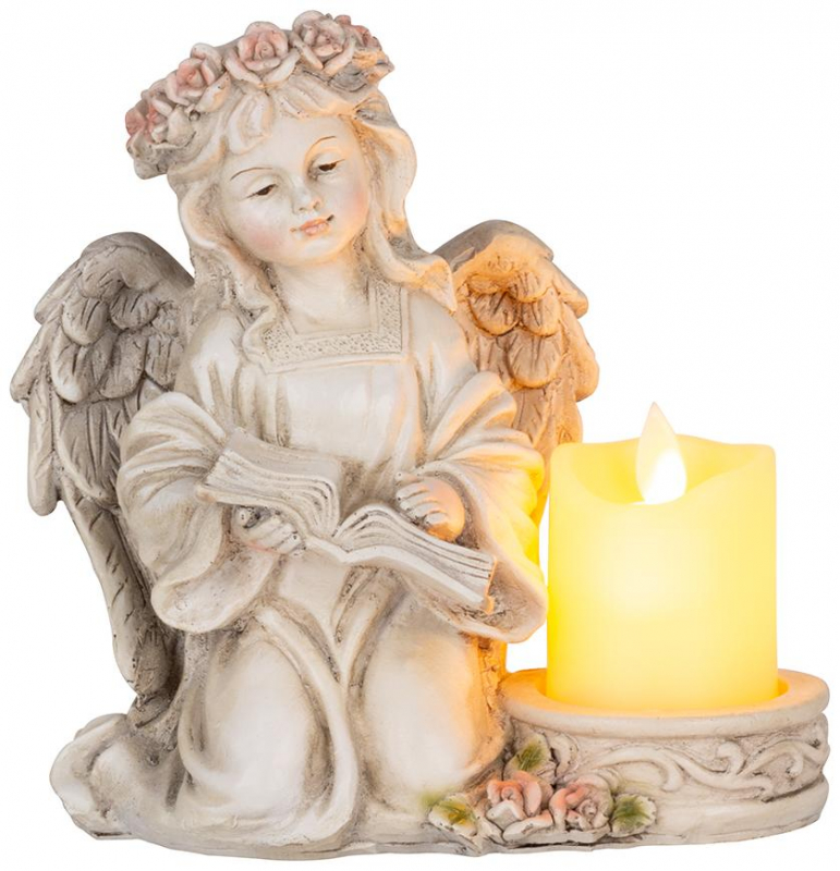 Dekorácia MagicHome, Anjel s knihou a sviečkou, LED, keramika, na hrob