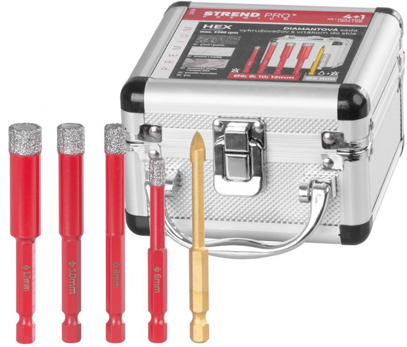 Sada vyrezávačov Strend Pro Premium, 6-8-10-12 mm, HEX, 6 mm vrták do skla, diam